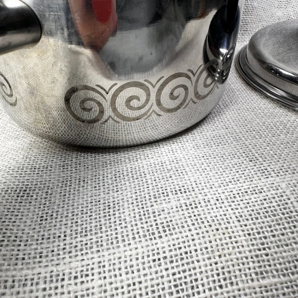 Vintage EKCO 2 Qt Stainless Steel‎ Saucepan Black Scroll MCM Retro w 2 Lids